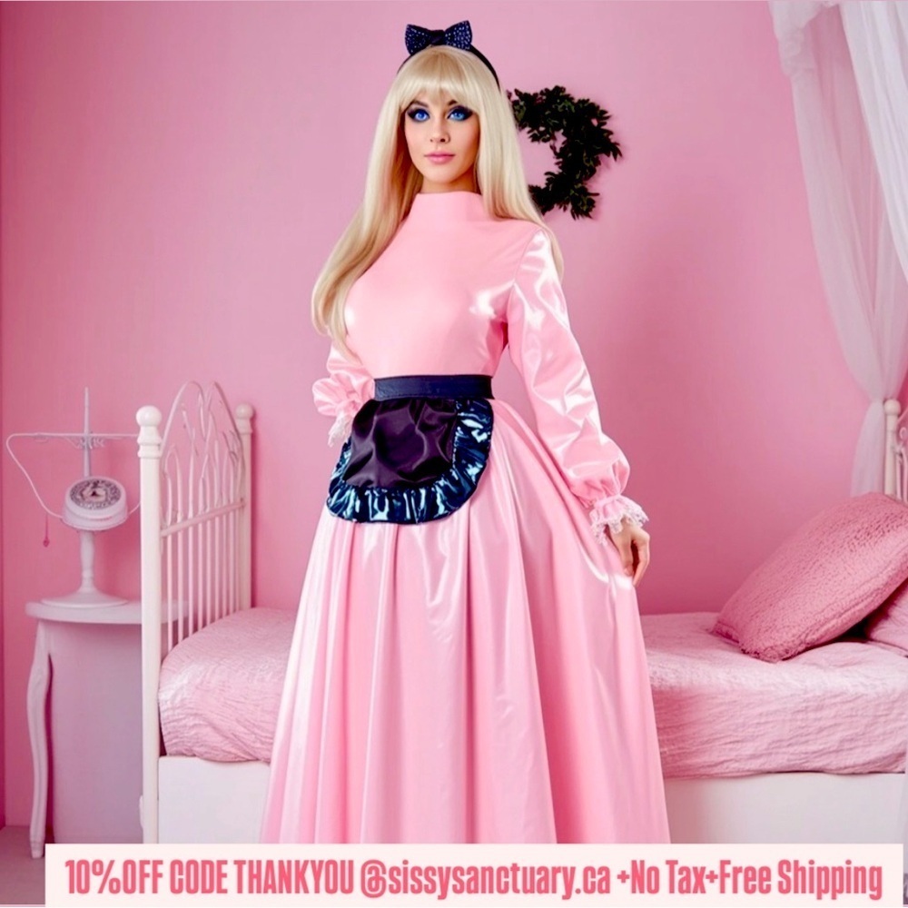 Sissy Princess Crossdresser French maid outfit Pink PvC Fetish BDSM dress S-7XL